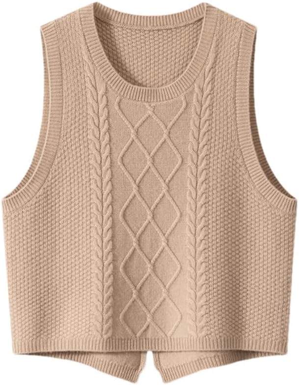 Vsadsau 100% Cashmere Women's Solid Knitted Sweater Vest Short Sleeveless Pullover Sweater Slit Back