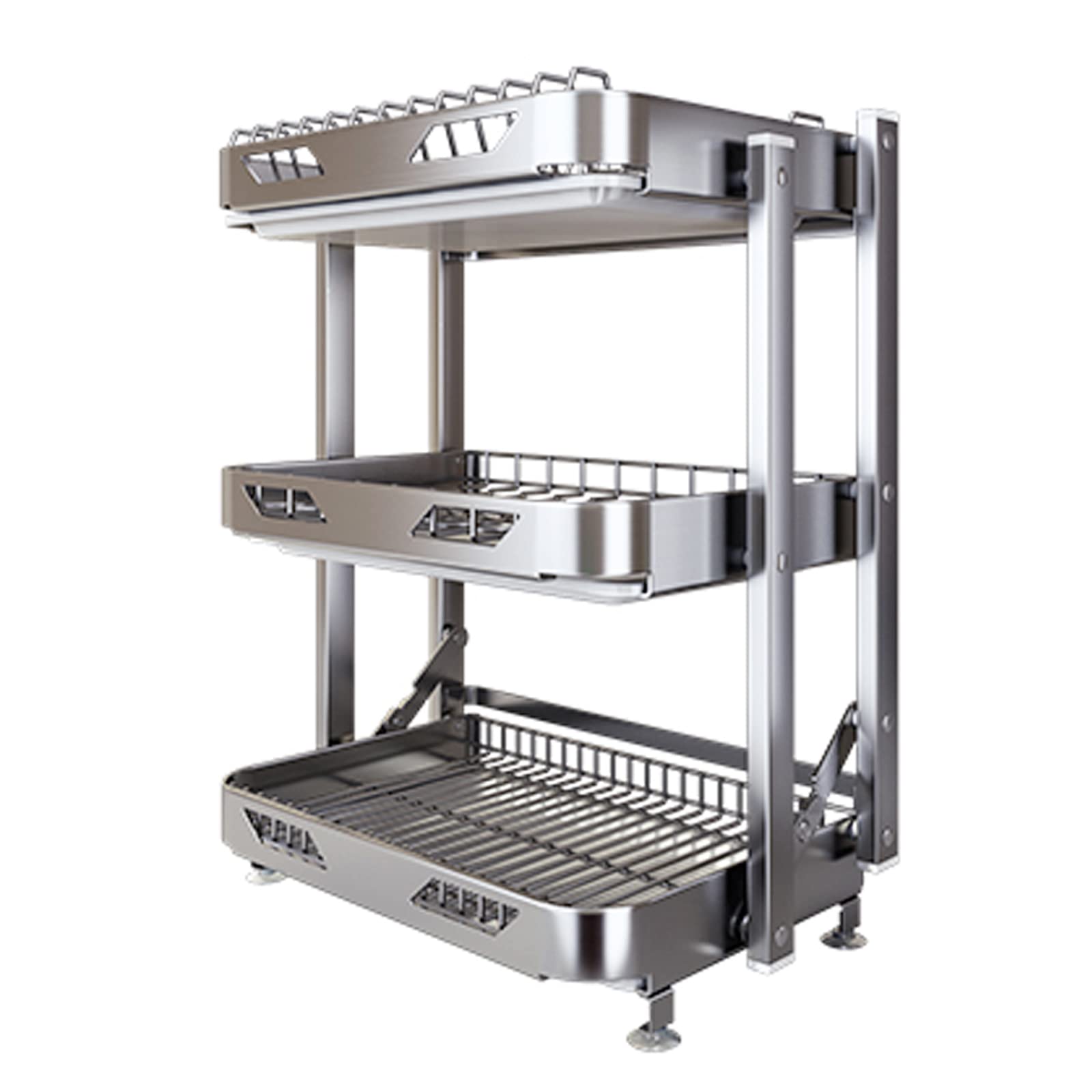 TIANQIHAO Stainless Steel Dish Drying Rack, Foldable With Drain Board, Utensil Holder And Cutting Board Holder, Kitchen Countertop Drainer,3 layers 42x61cm