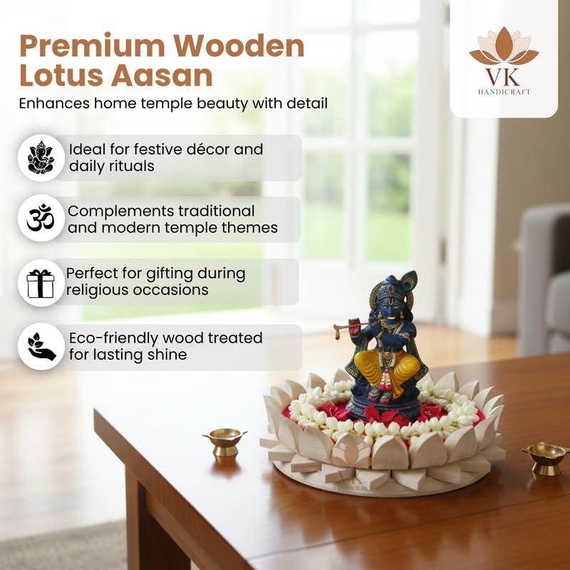 Wooden Lotus Kamal Aasan – Handcrafted Pooja Platform for Idols, Diyas | Decorative Mandir Base for Home Temple, Gift, Religious Decor for Festivals (7 INCH) 1