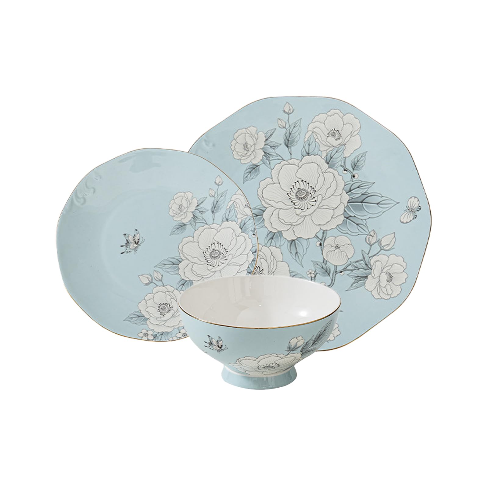 Photo 1 of PANAOAHU 12-Piece Bone China Dinnerware Set for 4, Classic Light Blue with White Florals & Gold Trim, Elegant Plates and Bowls Set, Dishwasher Safe for Everyday and Formal UseLPNPMHR4418521
