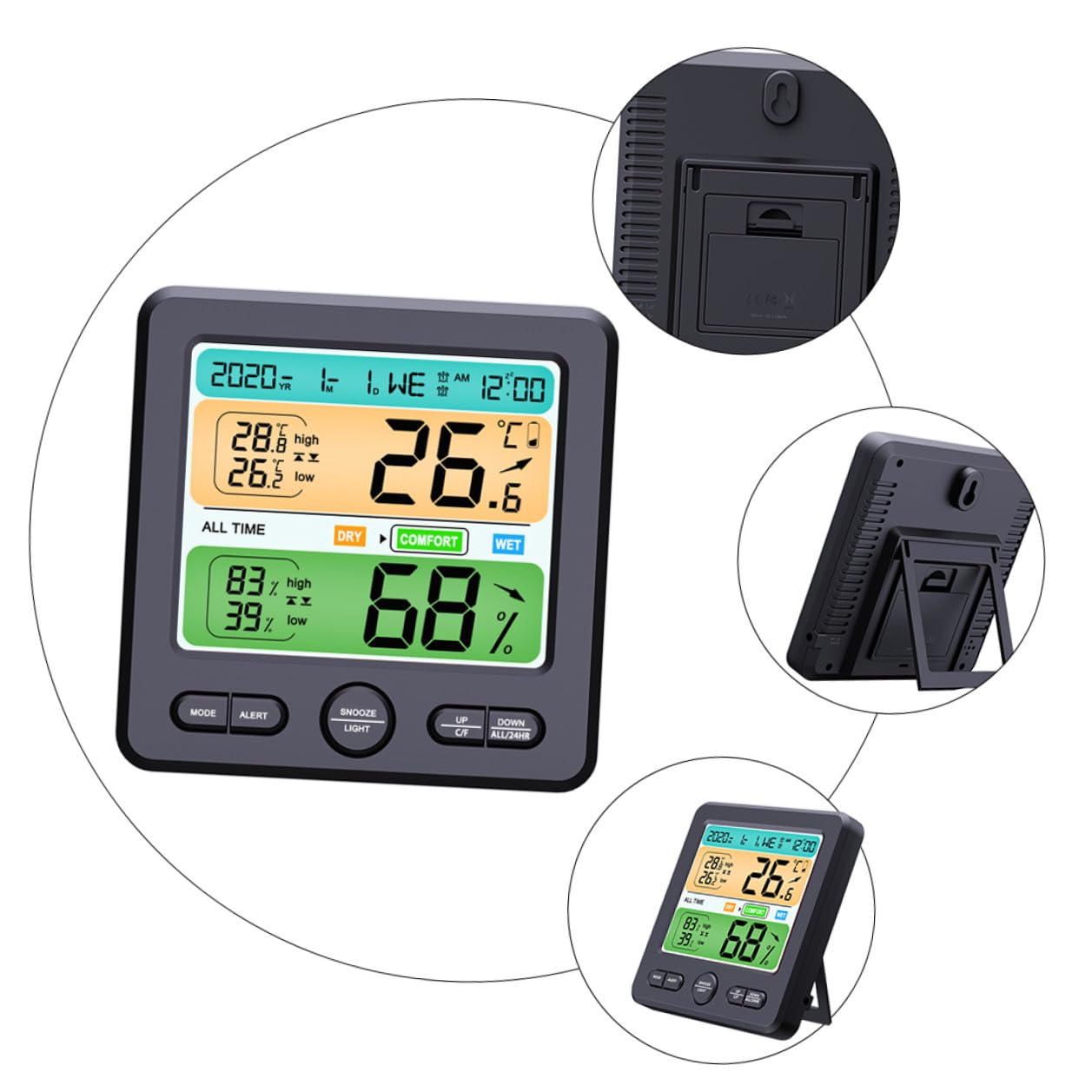 Thermohygrometer Uhr mit LED Display, Faltbarer Halter, Abs Schwarz | 1 Stück, ohne Batterie, für Wand oder Tisch, Temperatur ±1 °c, Luftfeuchte ±5 % Rh