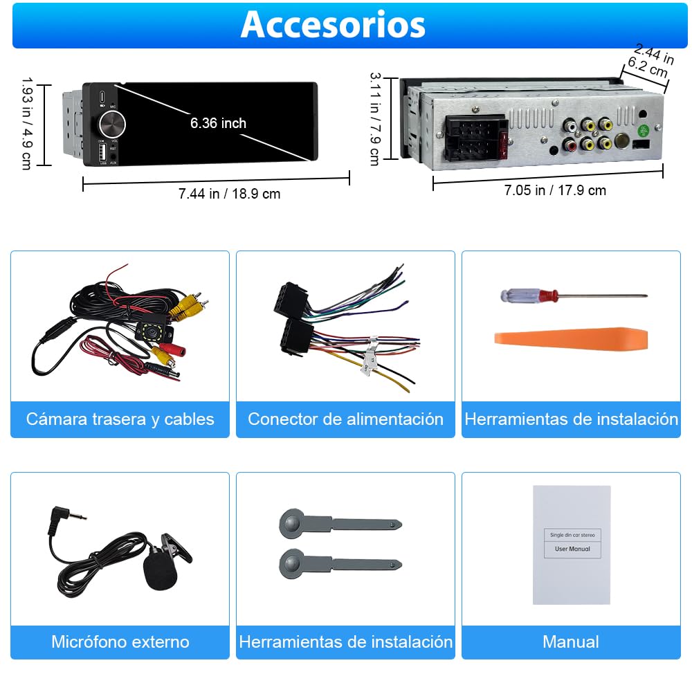 1 DIN Universal Radio Coche con Pantalla Táctil 6.36 Pulgadas, con CarPlay/AndroidAuto, Admite Carga Type-C/USB/Micrófono/FM/EQ/WiFi/GPS/Bluetooth/USB/SWC y Cámara Trasera