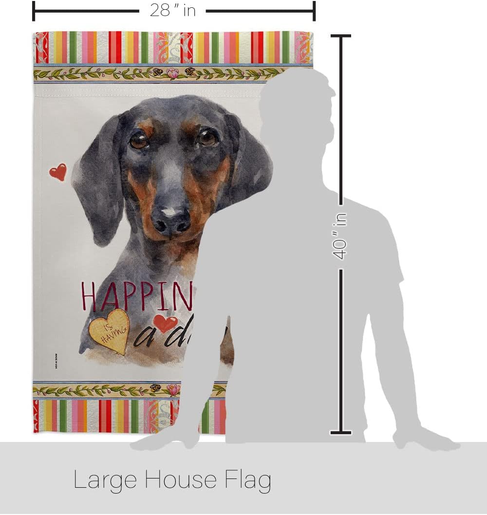 Breeze Decor Black Tan Dachshund Happiness House Flag Dowel Set Dog Puppy Spoiled Paw Canine Fur Pet Nature Farm Animal Creature Banner Small Garden Yard Gift Double-Sided, Made in USA