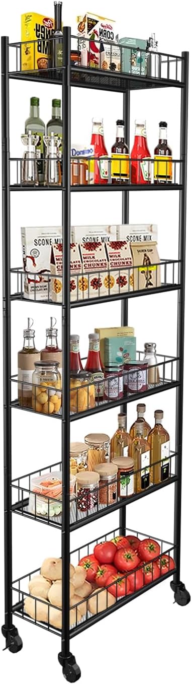 Utility Slim Storage Cart,6 Tier Narrow Kitchen Storage Cart,Laundry Room Carts,for Kitchen,DiningRoom,Living Room,Home Office,Rustic Brown and Classic (6 Tier Black)