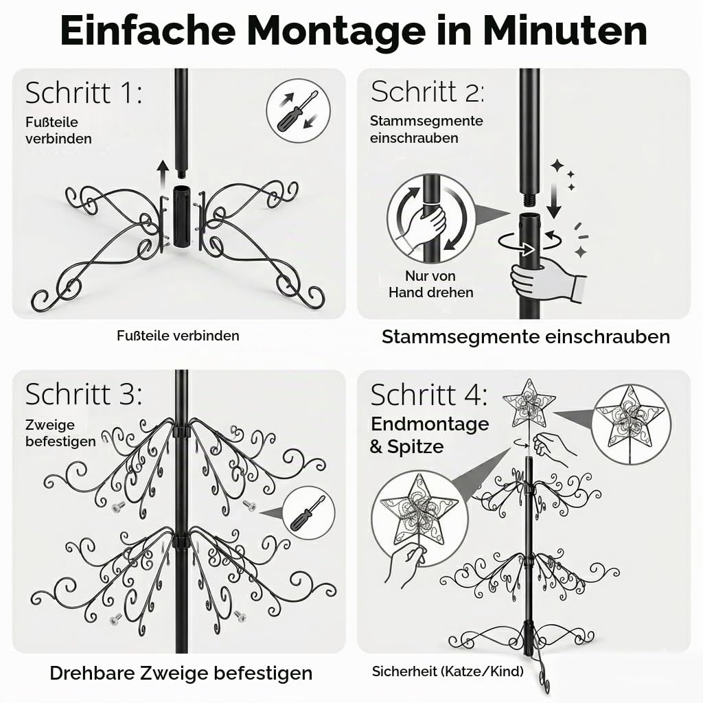HOHIYA Metall Weihnachtsbaum 196 cm Schwarz Kugelhalter Modern | Moderne alternative Tannenbaum-Dekoration für Kugeln, Kristalle und festliche Innenraumgestaltung ohne Nadeln oder Pflege.