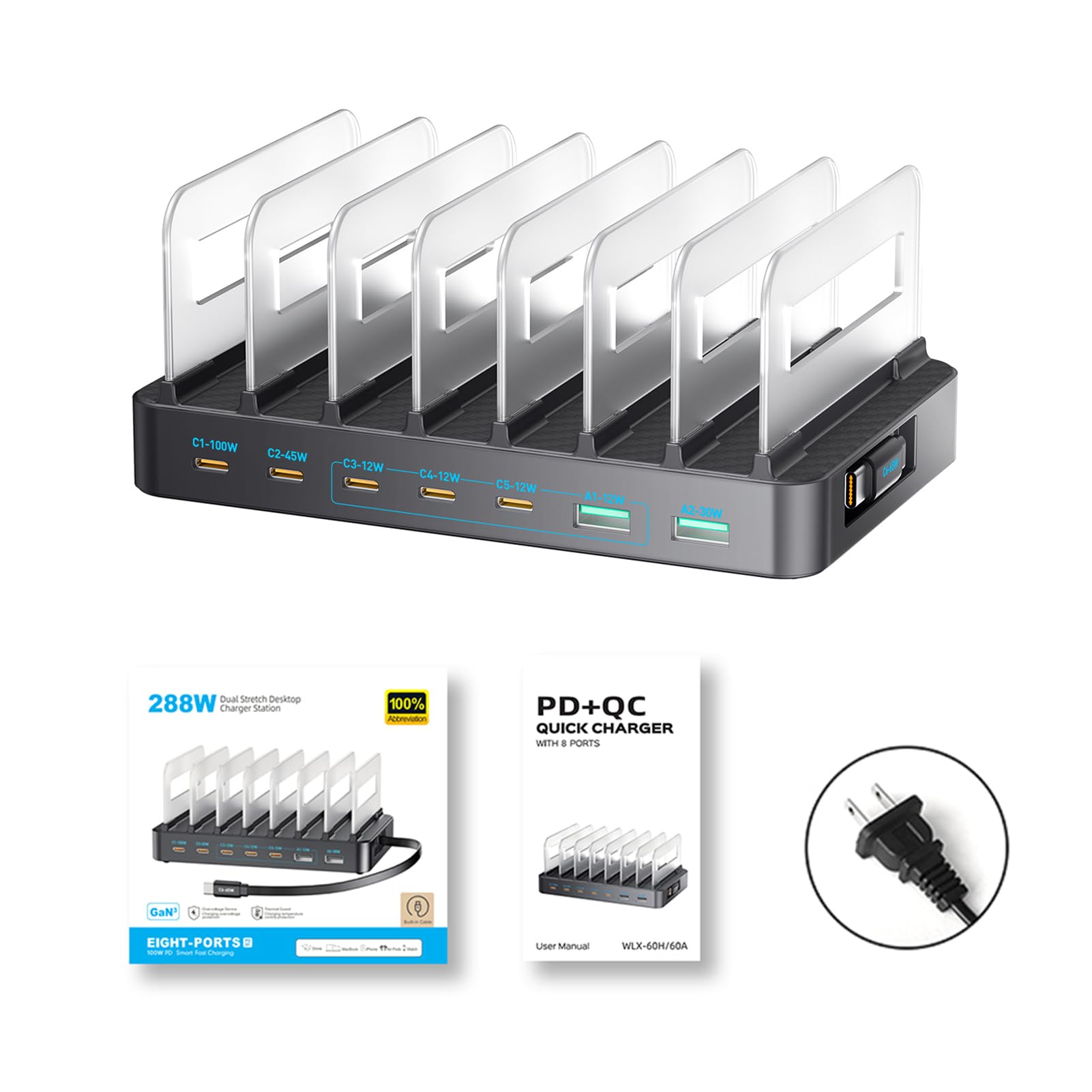 Dpofirs Stazione di Ricarica 288W, Caricatore USB a 8 Porte per Dispositivi Multipli, 8 Porte, for Casa Ufficio Scrivania (Spina europea)