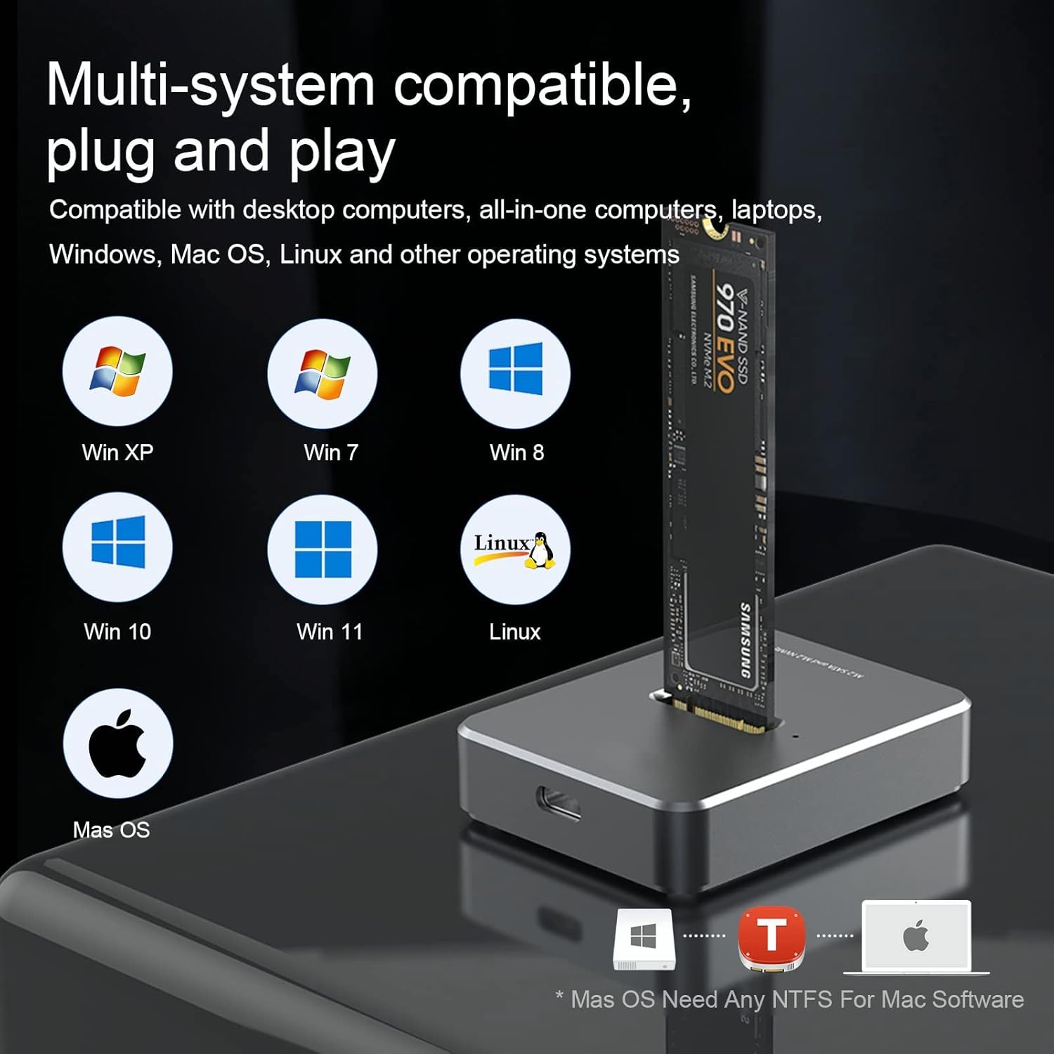 USB C M.2 NVME SATA SSD Enclosure, USB 3.1 Gen 2 10Gbps High Speed M.2 to USB Docking Station, Tool-Free USB C External, Aluminum NVME SSD Reader Adapter for 2230/2242/2260/2280