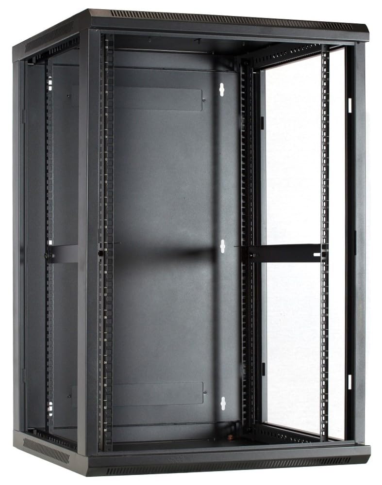 19" Set: 18HE Armadio di rete per montaggio a parete – Ripiano – Ciabatta SPD 8 prese – Staffa per cavi – Pannello patch Cat6 UTP