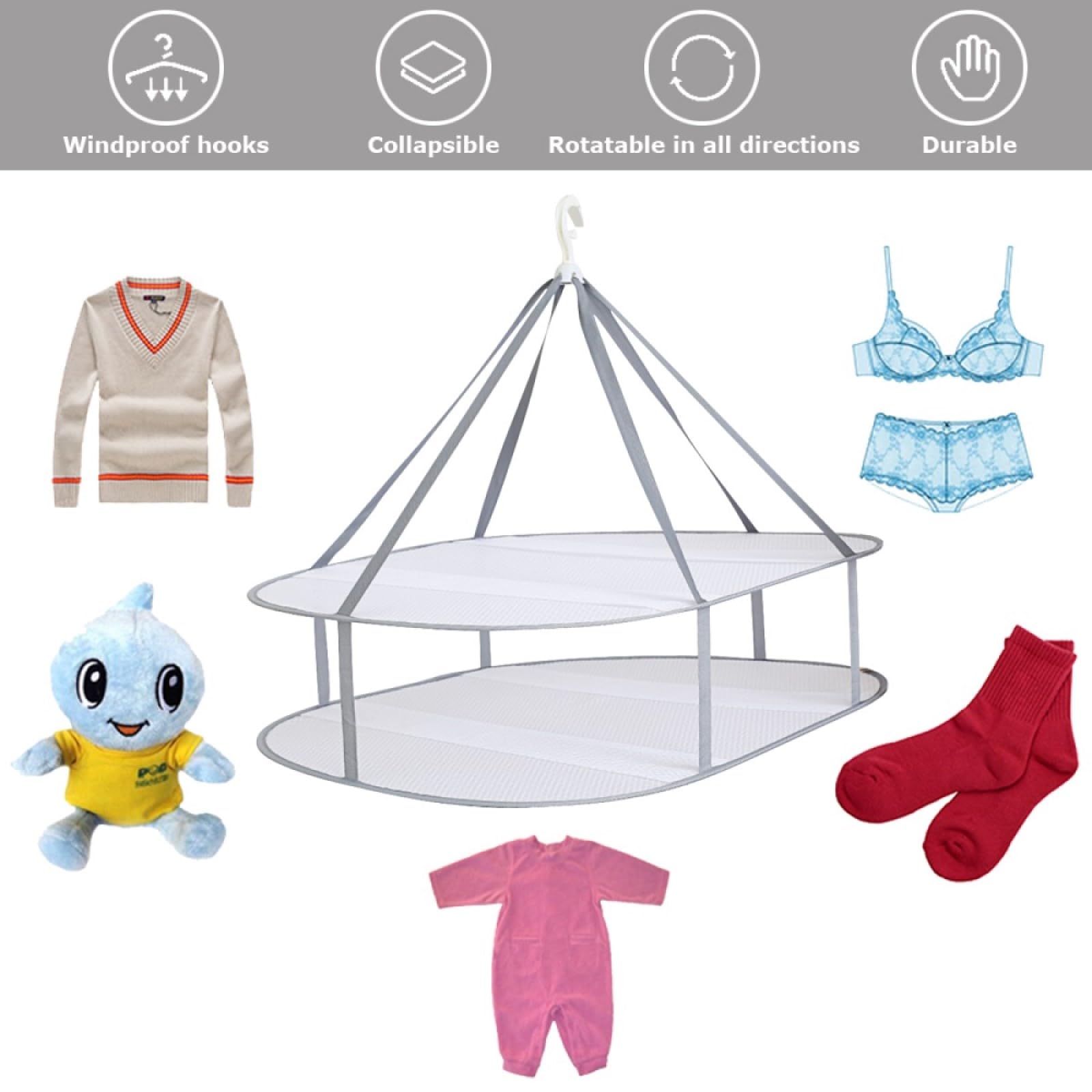 Secador de suéter plegable gris – Tendedero con 2 niveles con ganchos, 77 x 61 cm, superficie plana para jersey de lana y trajes de baño, estante de secado de malla