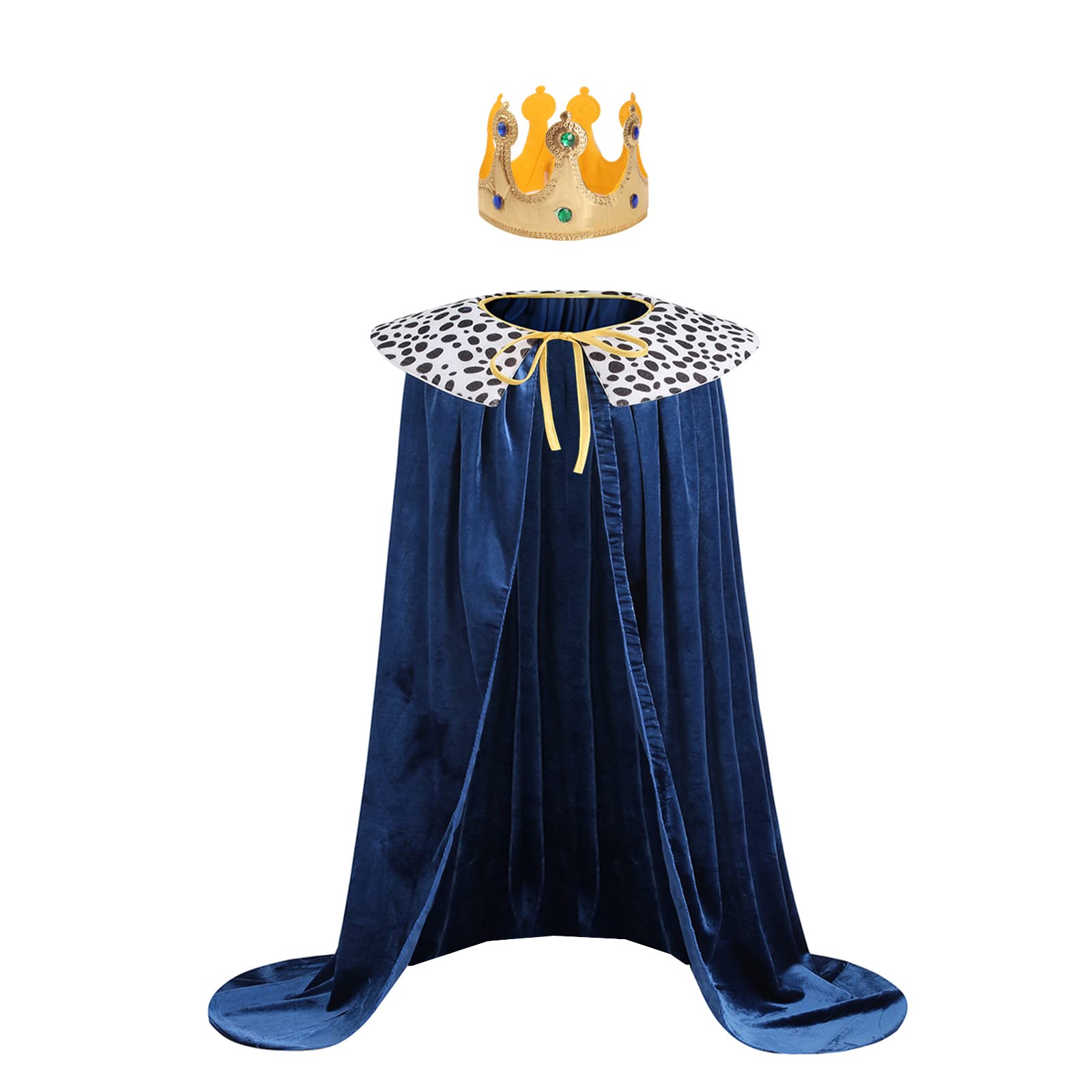 yolsun King Costume Cape for Unisex Adult Medieval Queen Robe with Crown Full Length Velvet Cloak Halloween Prince Cosplay Party (Blue, 150cm/59inches)