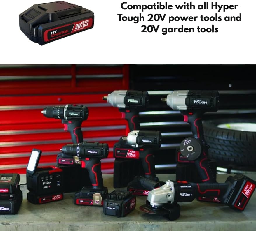 Hyper Tough 20V Max 2.0Ah Lithium-Ion Battery Pack shown with various Hyper Tough 20V power tools.