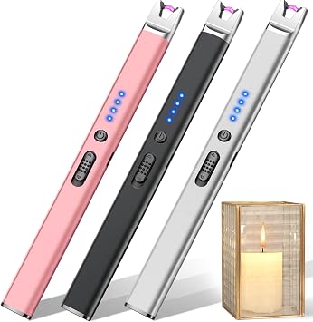 LcFun 3 Pack Candle Lighter Electric USB Rechargeable Plasma Arc Lighters with Safety Lock, Windproof Flameless Long Matches Lighters for Candle, Grill, BBQ, Camping, Gas Stoves Pink,Black,Silver