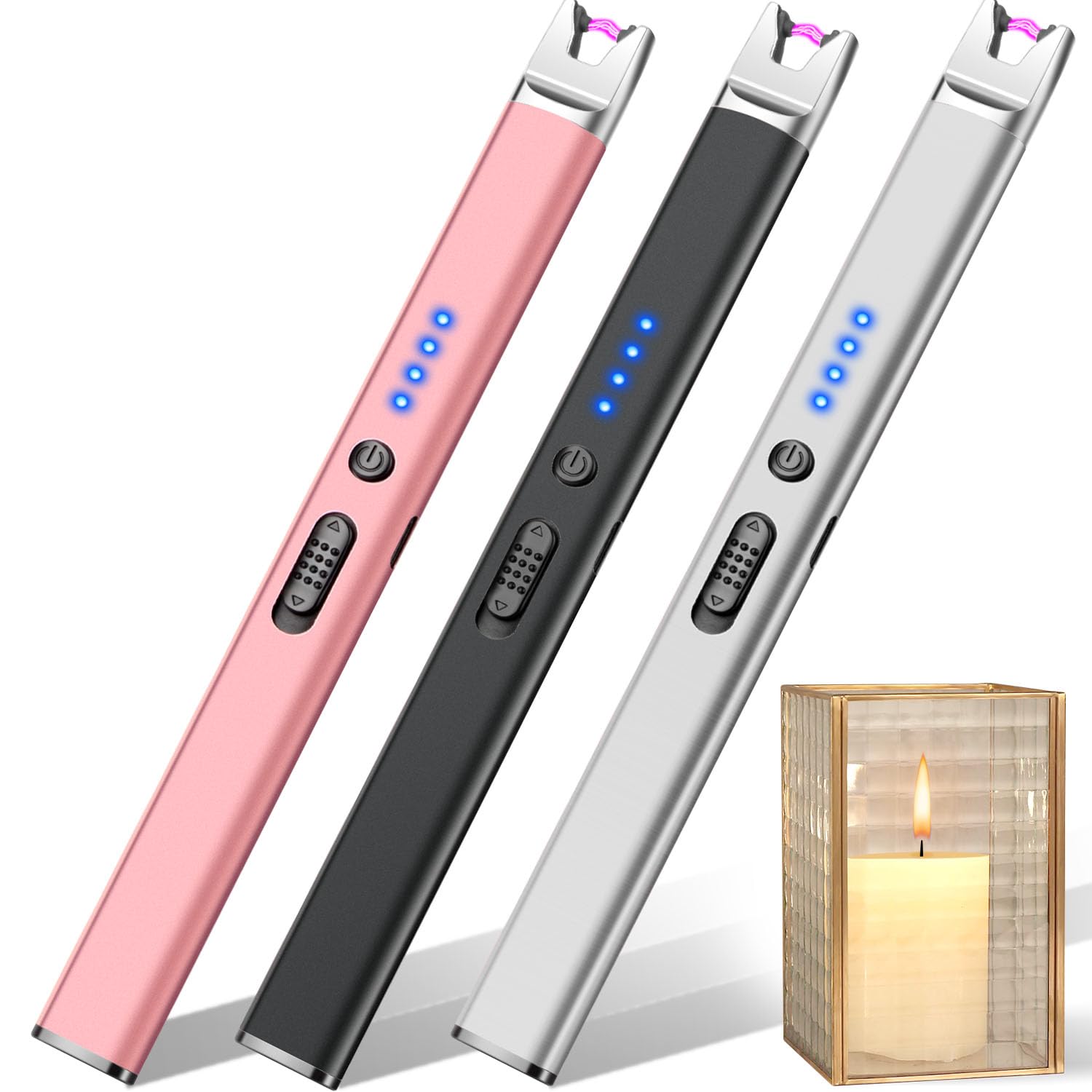 LcFun 3 Pack Candle Lighter Electric USB Rechargeable Plasma Arc Lighters with Safety Lock Windproof Flameless Long Matches