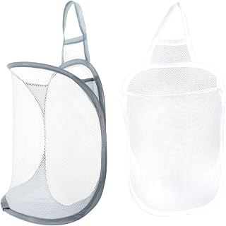 Wall Mounted Hanging Clothes Basket 2 Piece Nylon Mesh Laundry Organizer | Foldable Design, Nail Free Installation, Visible Breathable Grid, White Finish, Bathroom Storage and Sorting