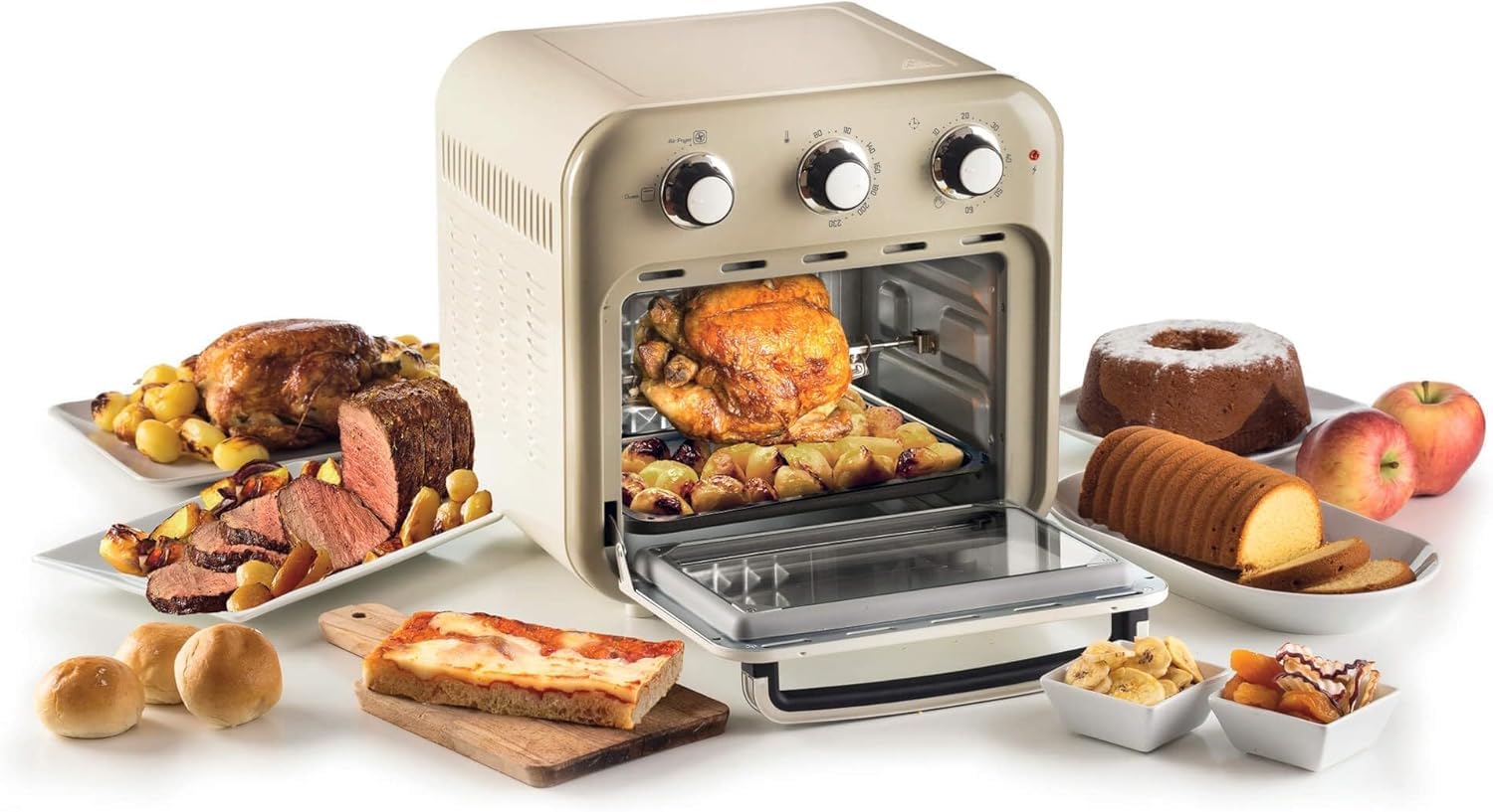 Ariete Vintage, 4632 Friteuse et Four 2en1, Capacité 16 L, Paniers et Rôtisserie en acier inoxydable, Température jusqu'à 230°, Minuterie 60 minutes, Double Verre, 1400W, Beige
