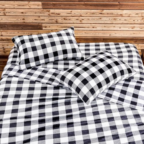 Image of BEDELITE Fleece Sheets Queen Size Bed Set, Luxury Black and White Plaid Winter Bedding Set, Super Soft & Warm Fuzzy Flannel-Like Sheets 4 Piece(Include Fitted Sheet, Flat Sheet, 2 Pillowcases)