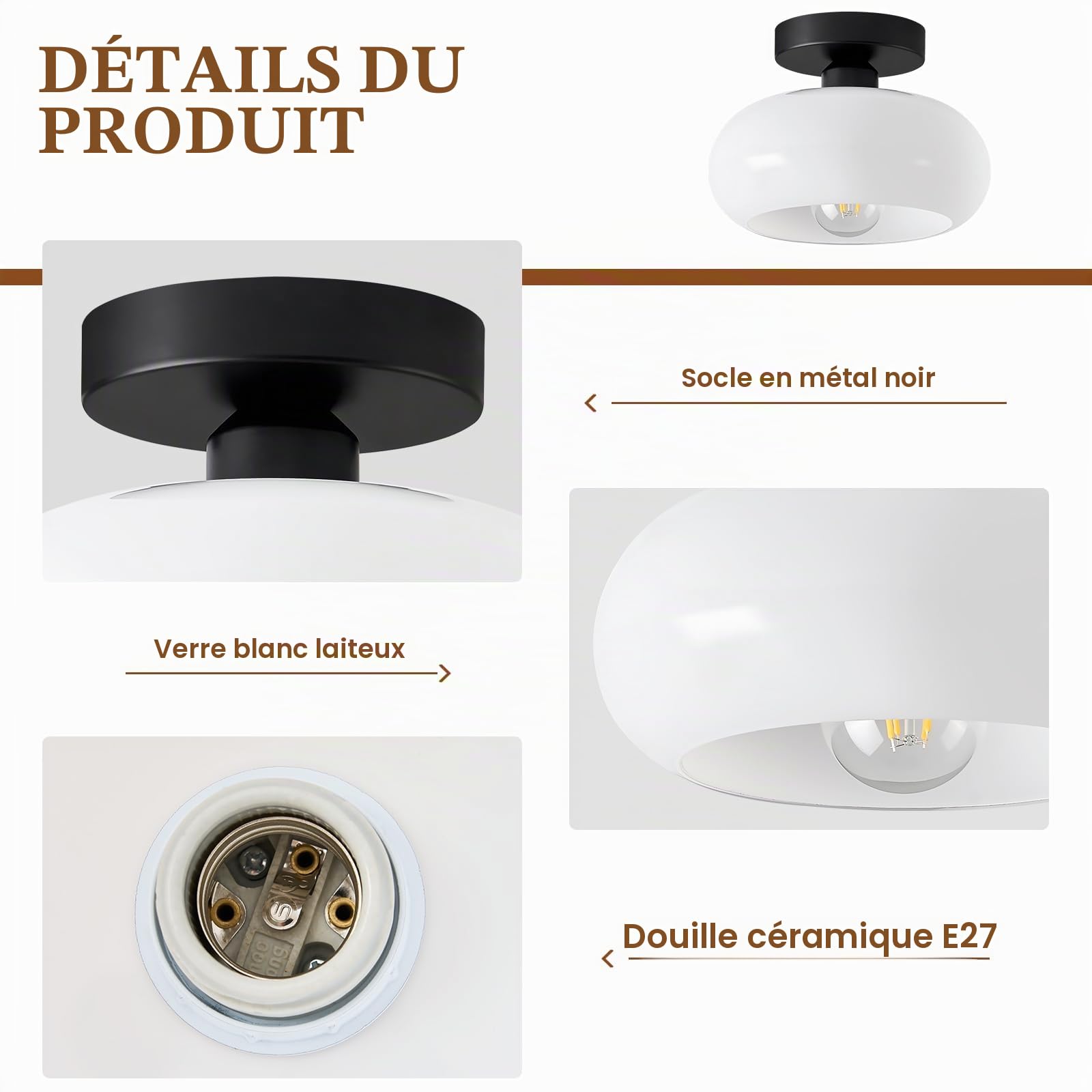 WOKNOS Lustre en Cristal Moderne Noir, E27 Plafonnier Salon, 22CM