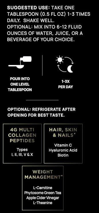Premium Liquid Collagen for Women Weight Loss & Beauty w. Hyaluronic Acid, Biotin, L-Carnitine, ACV - Ultra Pure Multi Collagen Protein Shots Drink Hair Skin Liquid Vitamins, Colageno (Peach Ring)
