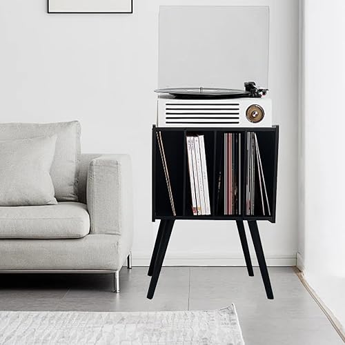 Miniatura 2 de Soporte para tocadiscos de bambú con 4 gabinetes con capacidad para hasta 100 vinilos, álbumes, mesa de almacenamiento de vinilo de mediados de