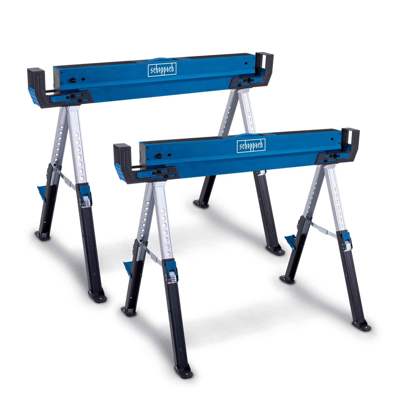 Scheppach Lot de 2 tréteaux de travail MWB700 - Charge maximale : 1200 kg / 600 kg - Côtés extensibles - Hauteur de travail variable de 615 à 820 mm - Pieds antidérapants et pieds réglables