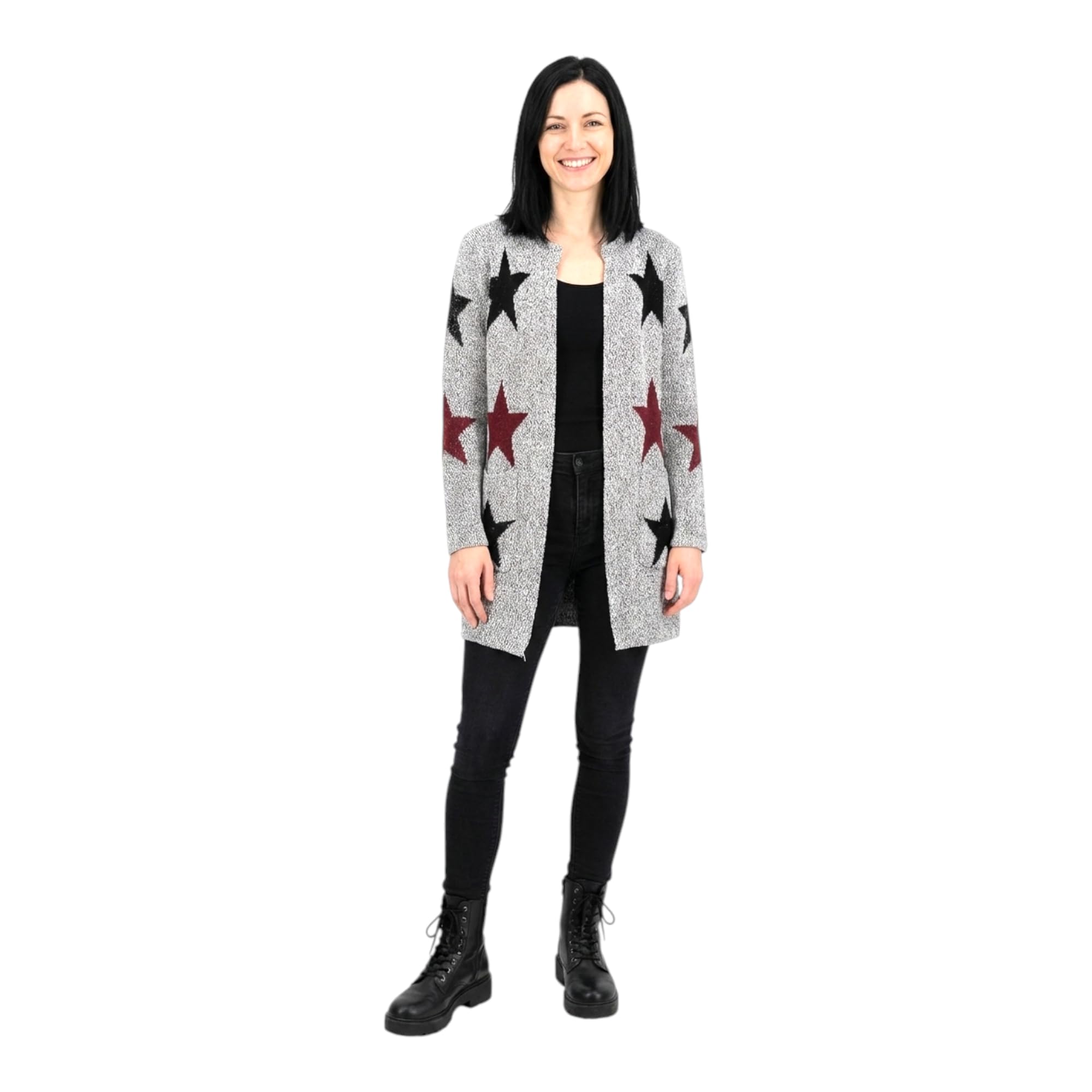 Star Pattern Cardigan with Pocket, Grey with Black and Burgundy Stars, Open Front Design-image-49