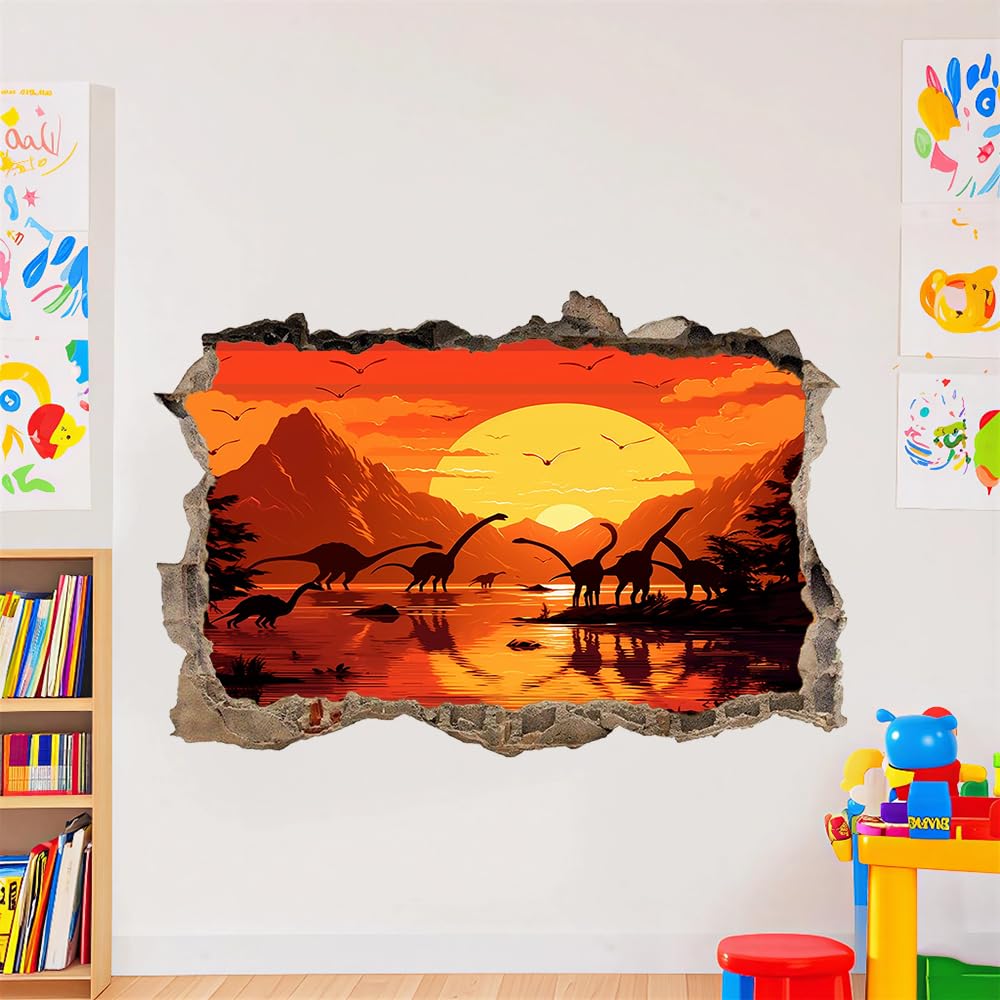 3D Wandtattoo Wanddurchbruch, Sonnenuntergang Am Dinosaur Lake Durchbruch Wandaufkleber für Kinderzimmer, sticker für Wohnzimmer, Naturlandschaft Wandsticker, Wandbild Junge Mädchen Schlafzimmer
