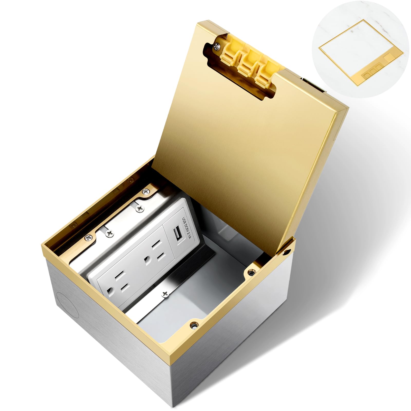 Photo 1 of Vagueior Recessed Flat Hidden Floor Electrical Outlet Kit, Hidden Duplex 2 * 15A Tamper-Resistant Receptacle Outlet and 2.1A USB Port, Waterproof Electrical Outlet Cover Box, Gold