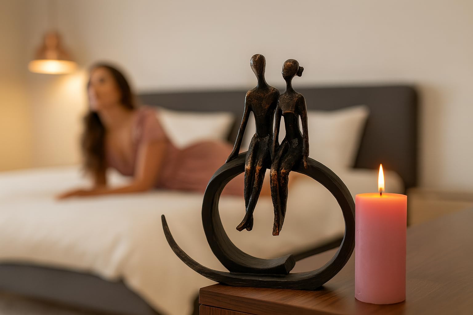 Scultura di design con coppia di innamorati, in poliresina, seduta, in bronzo, ideale come regalo