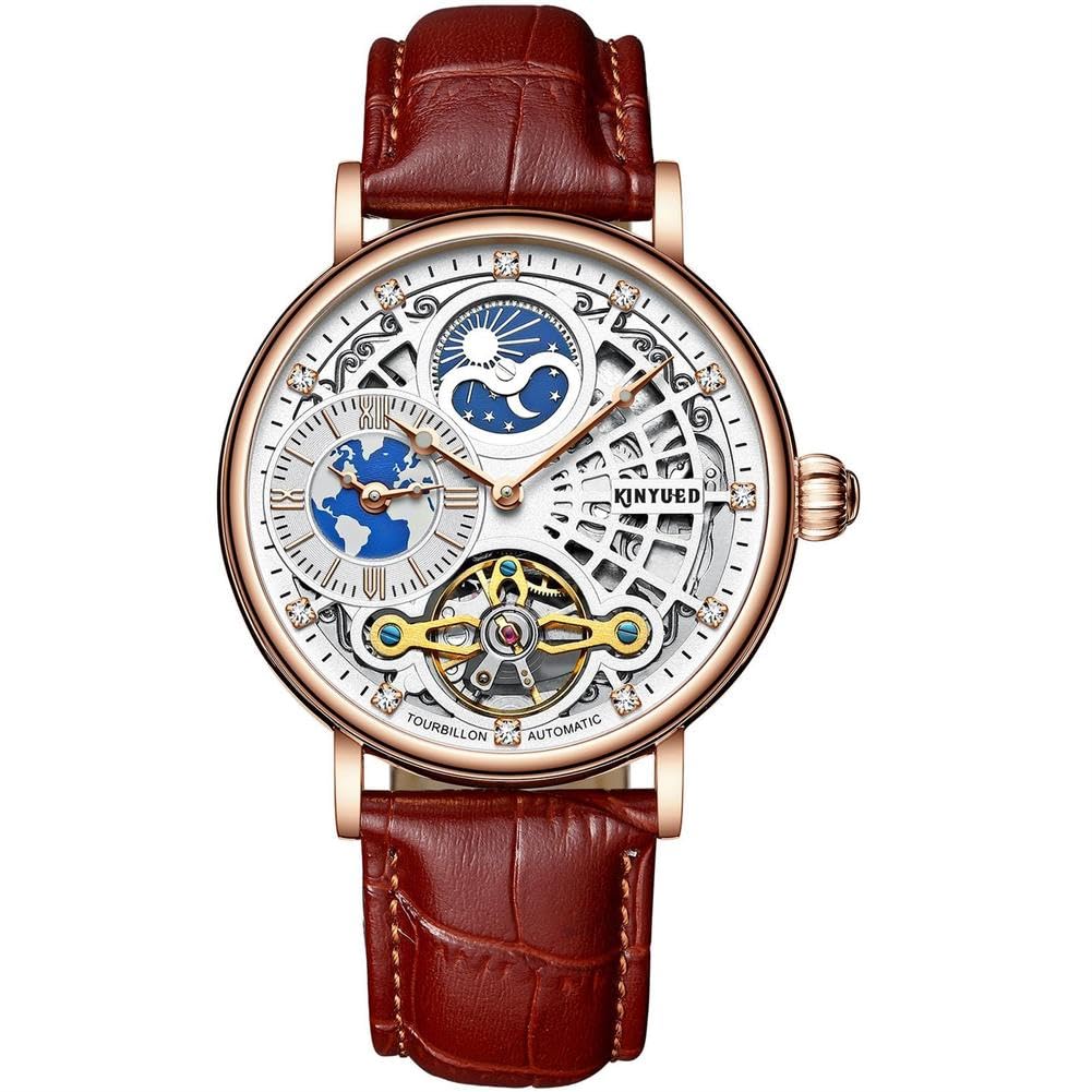 Herren Luxus Skelett automatische mechanische Armbanduhren Leder Mond singende Hände Selbstwinduhr, Tourbillon automatische wasserdichte Kristall Armbanduhr für Männer Geschenk