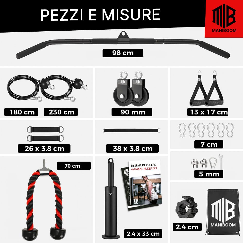 ManiBoom Kit Carrucola Palestra (204 kg) - Carrucola per Sollevamento Palestra con Barra 2 in 1, Corda Tricipiti e Maniglie per Home Gym