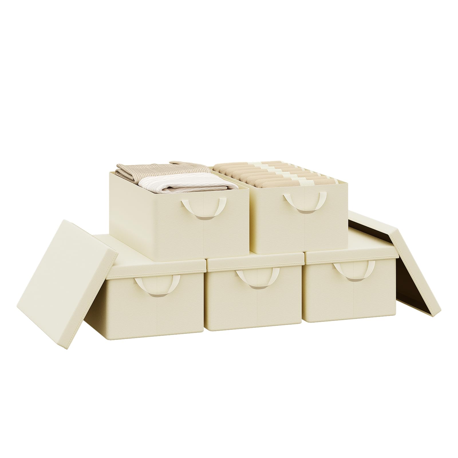 WOLTU Aufbewahrungsbox mit Deckel 5 Stück, aus Polyesterstoff, für Schlafzimmer, Arbeitszimmer, Wohnzimmer, Organizer Box mit Griffen, für Kleidung Spielzeug, faltbar, Creme, 48x29x20 cm