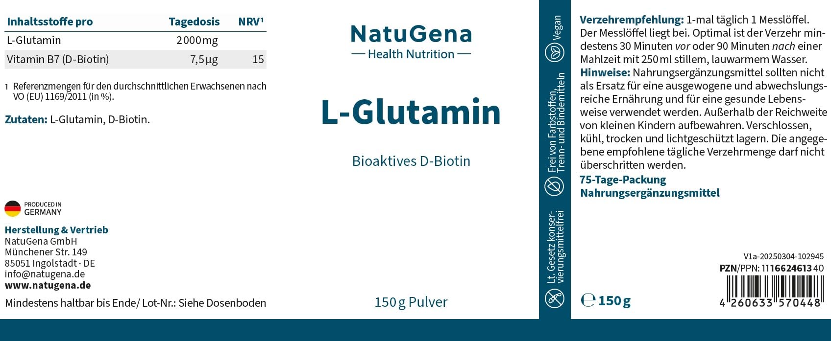 NatuGena L-Glutamin, bioaktives Biotin, trägt zur Erhaltung der Schleimhäute, Haut und Haare bei, 150 g Pulver (2.5 Monats Packung)
