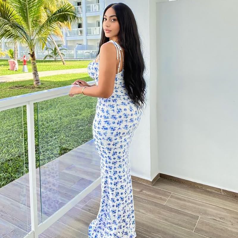 Women Floral Printed Spaghetti Strap Maxi Dress Long Dress Backless Tie Shoulder Mermaid Dress - Image 3