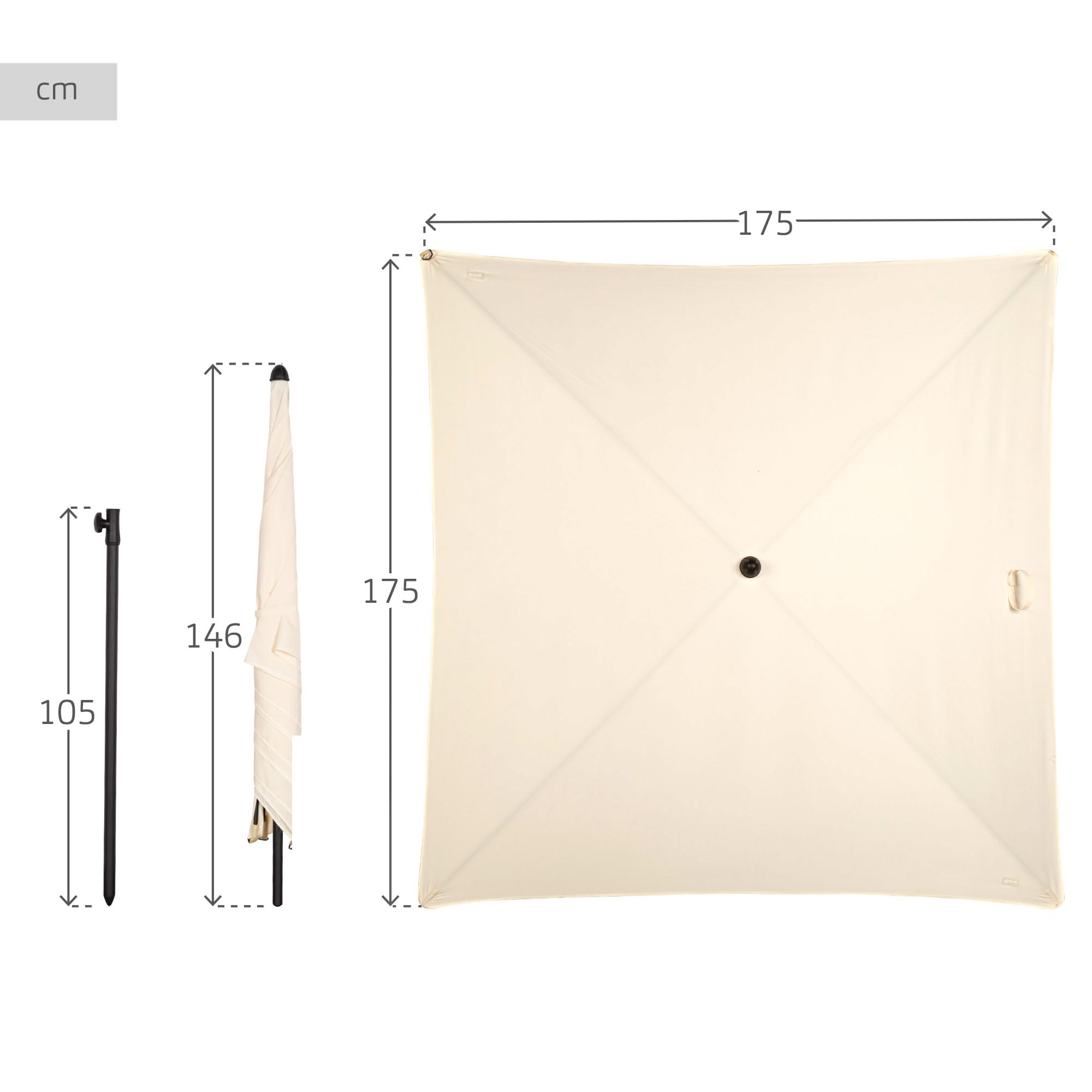 AKTIVE 61150 Kwadratowy parasol tarasowy, 175 x 175 cm, beżowy, stalowy drążek przechylny, tkanina poliestrowa z ochroną UV30, 4 wytrzymałe pręty, łatwy w montażu i przechowywaniu, parasol ogrodowy