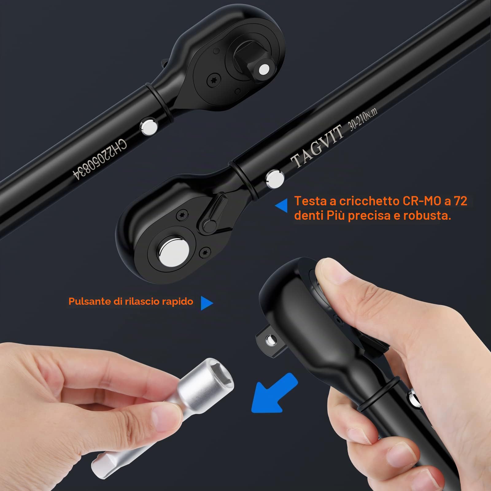 Chiave Dinamometrica 1/2”, Alta Precisione ± 3%, 30-210 Nm Chiavi Dinamometriche 72 Denti Chiave Dinamometrica per Riparazione Moto, Auto, Camion