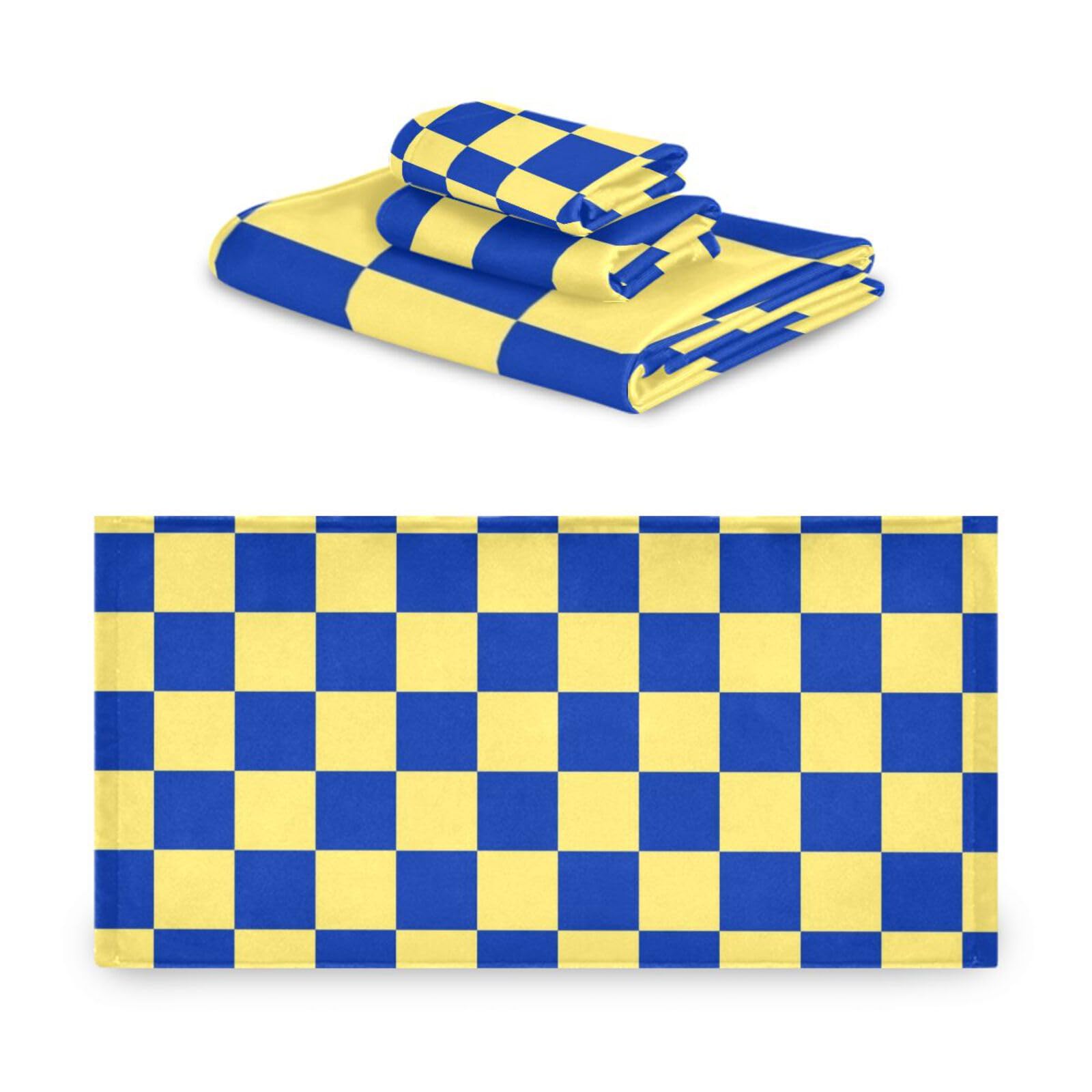 Set di 3 asciugamani per il viso in microfibra a quadri gialli e blu, 1 asciugamano da bagno, 1 asciugamano per le mani, 1 panno per la casa, cucina e famiglia