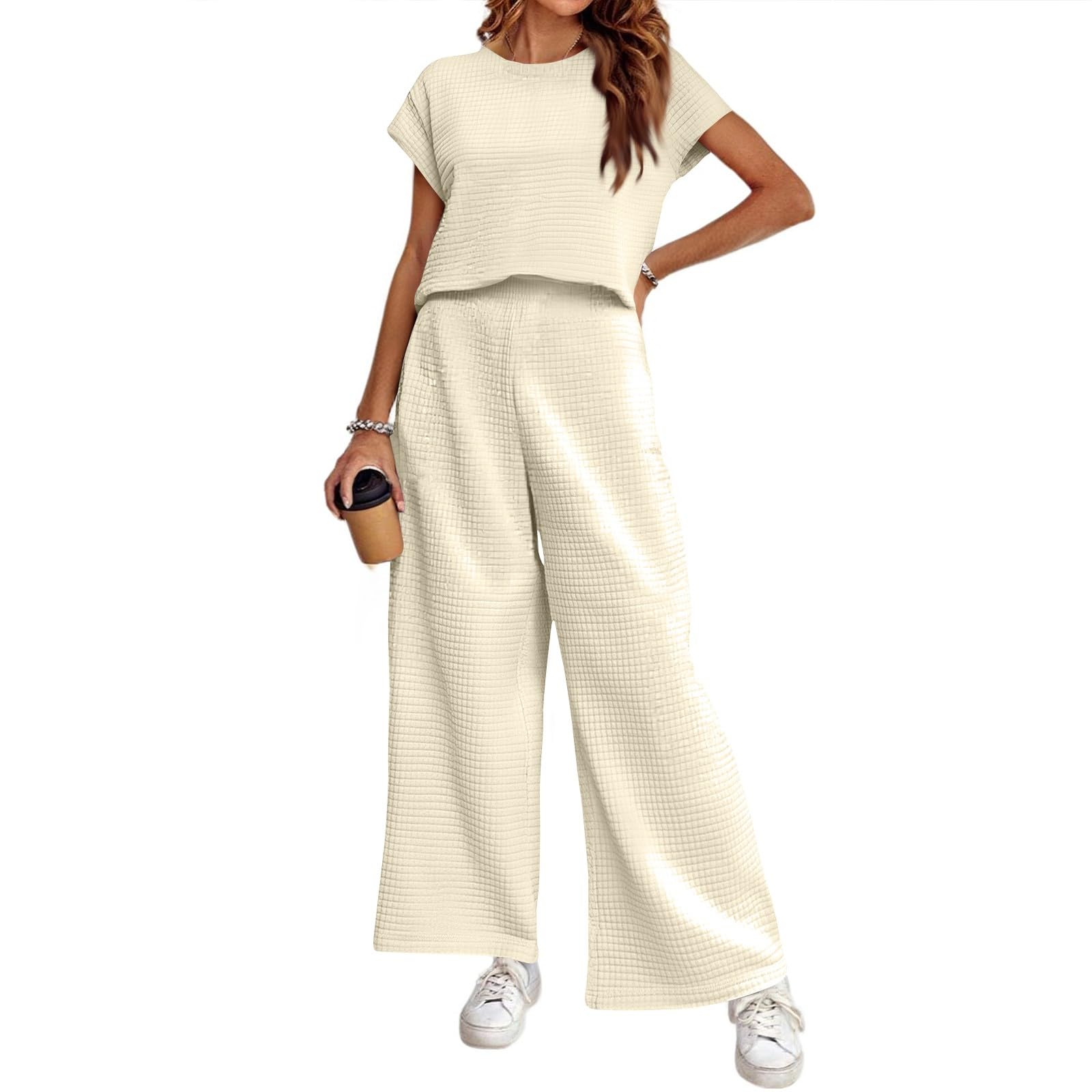 2 Piezas Mujer Fiesta Básico Invierno Tops Y Pantalones Cintura Alta Manga Corta Cuello Redondo Comodidad