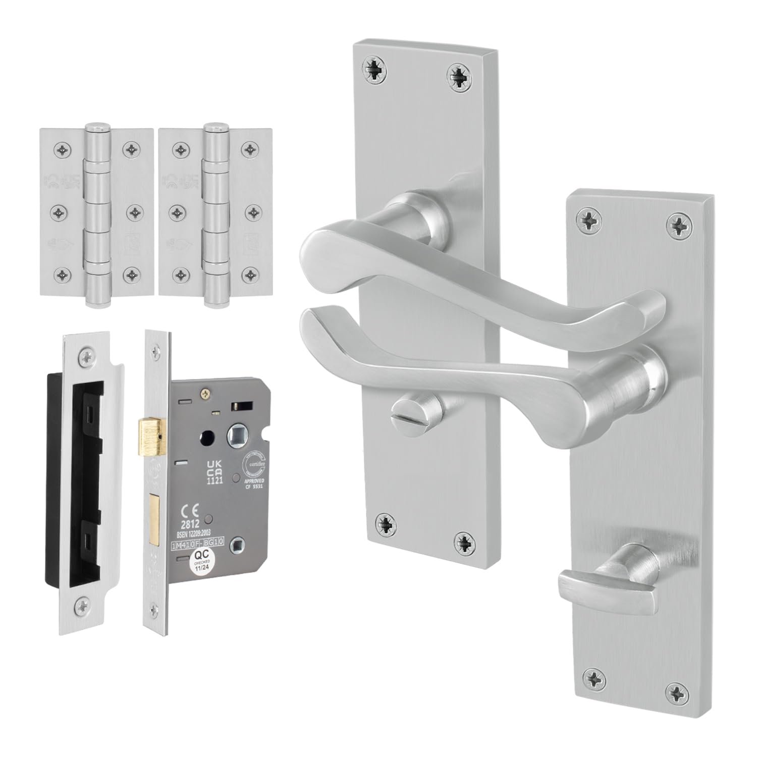 EAI Satin Victorian Scroll Bathroom Handle Set, 1 Pair Satin Chrome Internal Lever Door Handles on Backplate, Lock 80mm, Hinges — image 1
