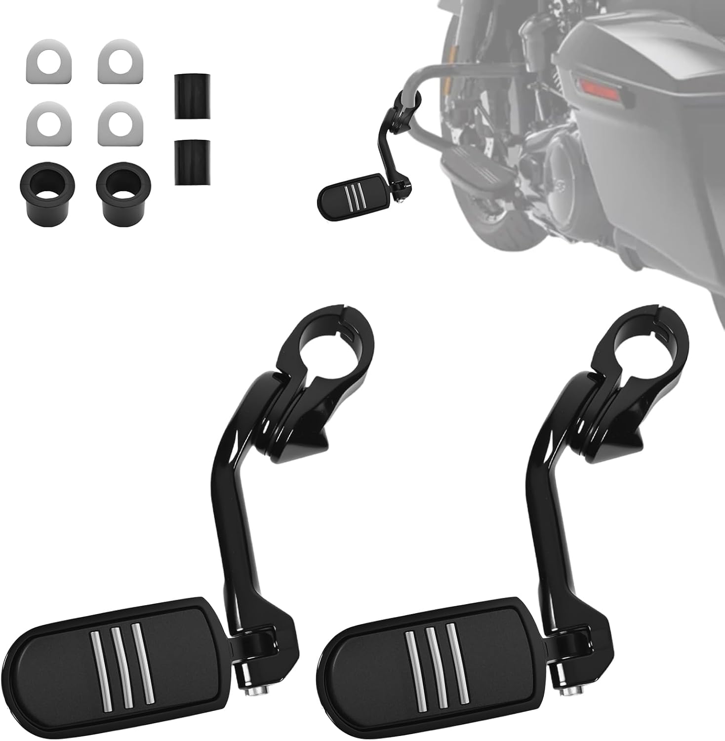 Upgrade Highway Footpegs, 1.25" Motorcycle Highway Pegs Long Angled Adjustable Streamliner Style Fit for Harley Touring Street Glide Electra Glide Road King Softail Dyna Fit 1-1/4" Engine Guard(Black)