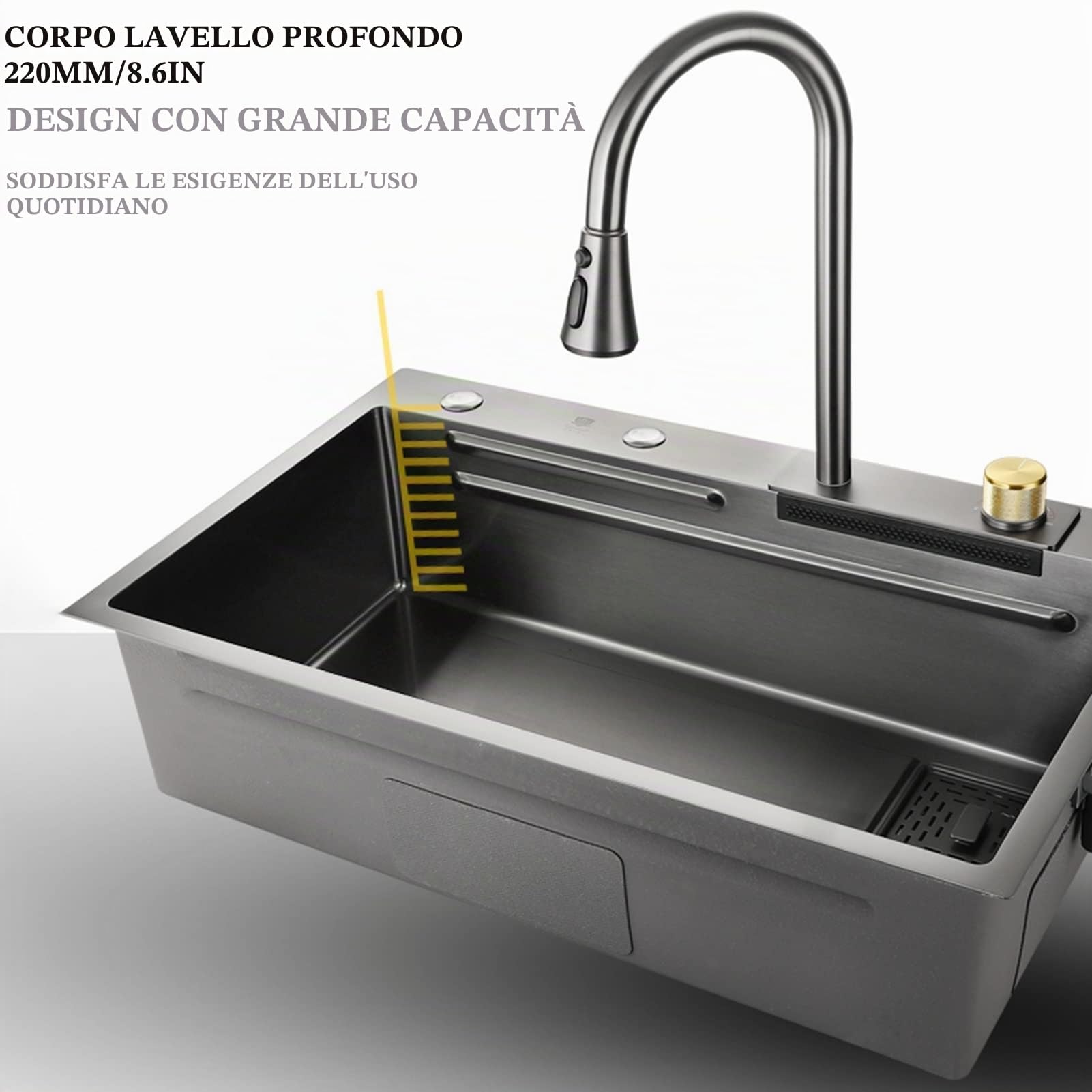 Lavello Cucina 80x45 cm con Effetto Cascat,Lavello Moderno e Multifunzionale Workstation,Lavello in Acciaio Inox 1 Vasca con Rubinetto,Tagliere,Bacino di Scolatura,Dispenser Sapone e Lavabicchieri