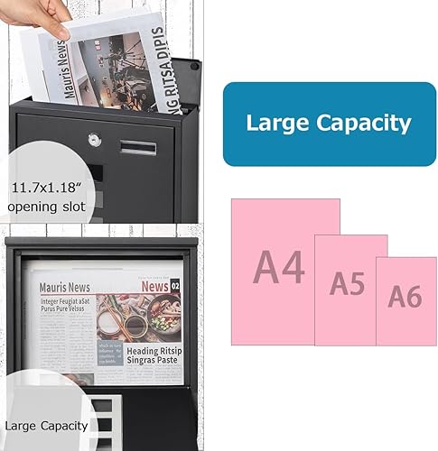 Miniatura 4 de Lovndi - Buzones montados en la pared con cerradura de llave, caja de bloqueo de correo de gran capacidad para exteriores, caja de seguridad (2210
