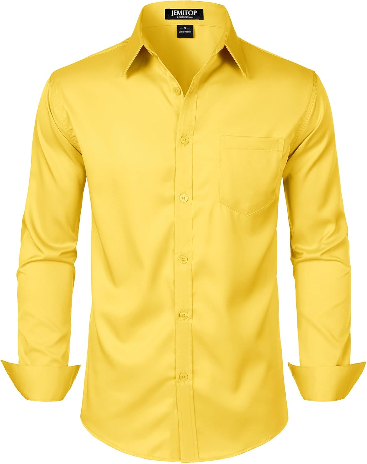 Size L JEMITOP Men's Stretch Slim Fit Dress Shirts Formal Wedding Prom Business Long Sleeve Button Down Shirt with Pocket Yellow Large