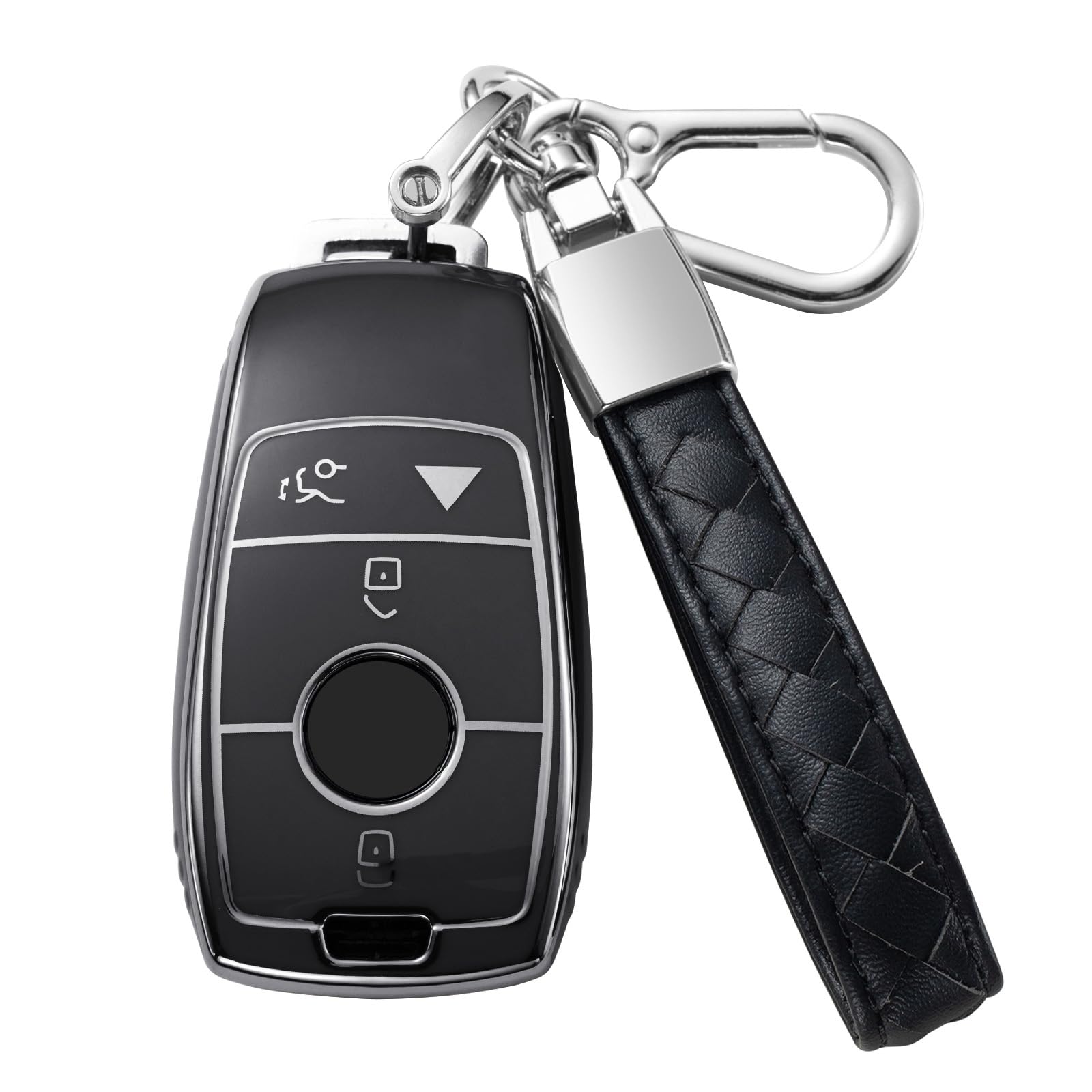 CHEZENHUI Compatible with Mercedes Benz Key Fob Cover with Leather Lanyard, Car Key Case Shell Protection for 2019-2021 A-Class C-Class G-Class Smart