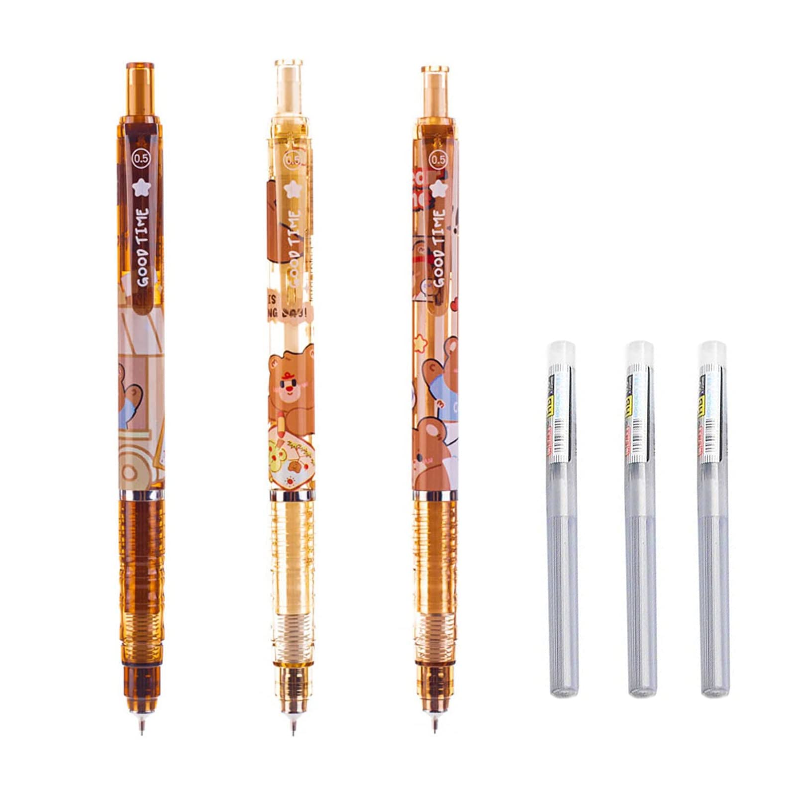 MEOKIM Kawaii Caramel Pudding Bear 0.5mm HB Mechanical Pencil Refill Set(3 Pencils + 3 Refill Boxes)