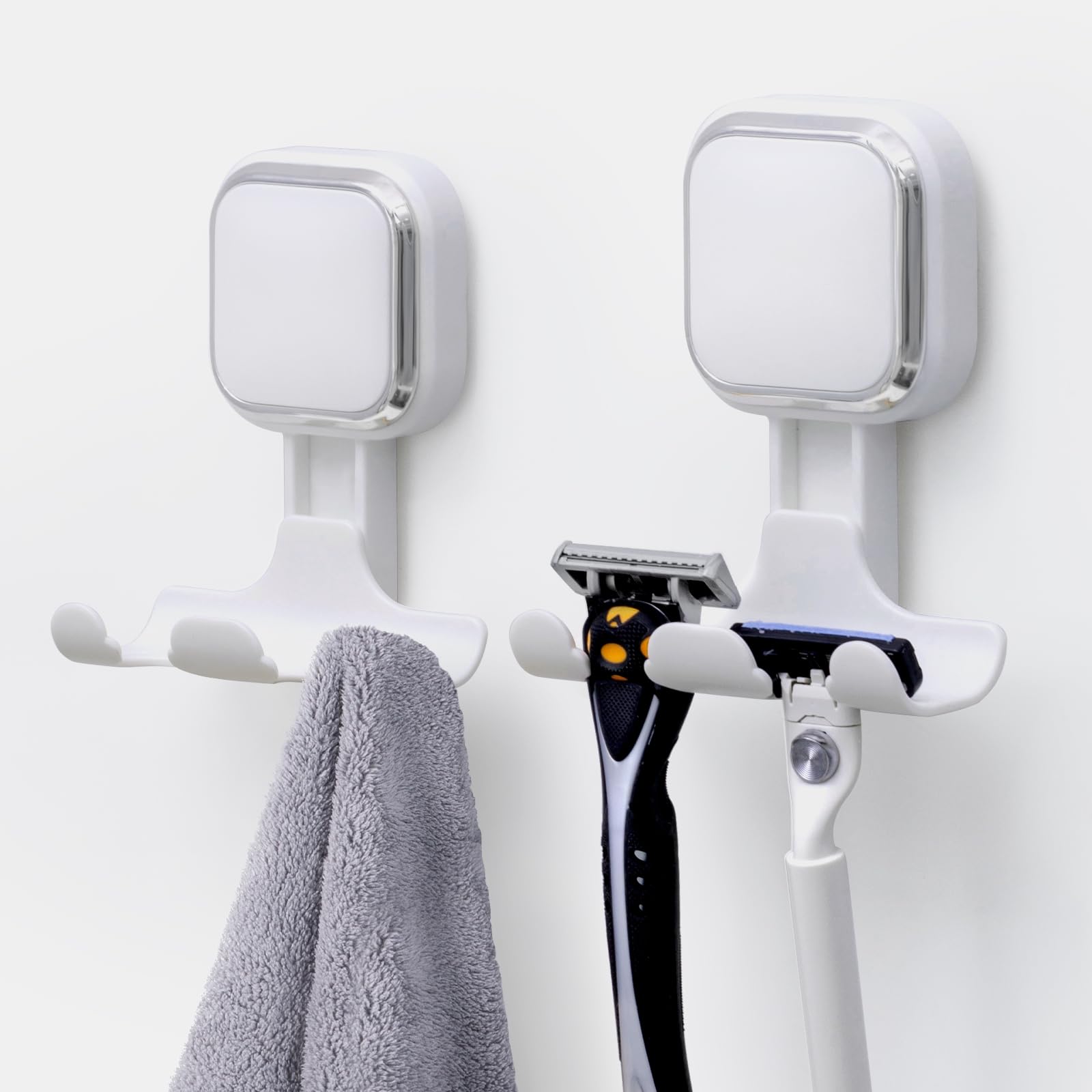 LEVERLOC Razor Holder for Shower Suction Cup 2 Pack, Holder for Shower Wall, Hooks for Bathroom and Towel, Razor Hanger for Men and Women, Removable, Waterproof, Square-Shaped, White