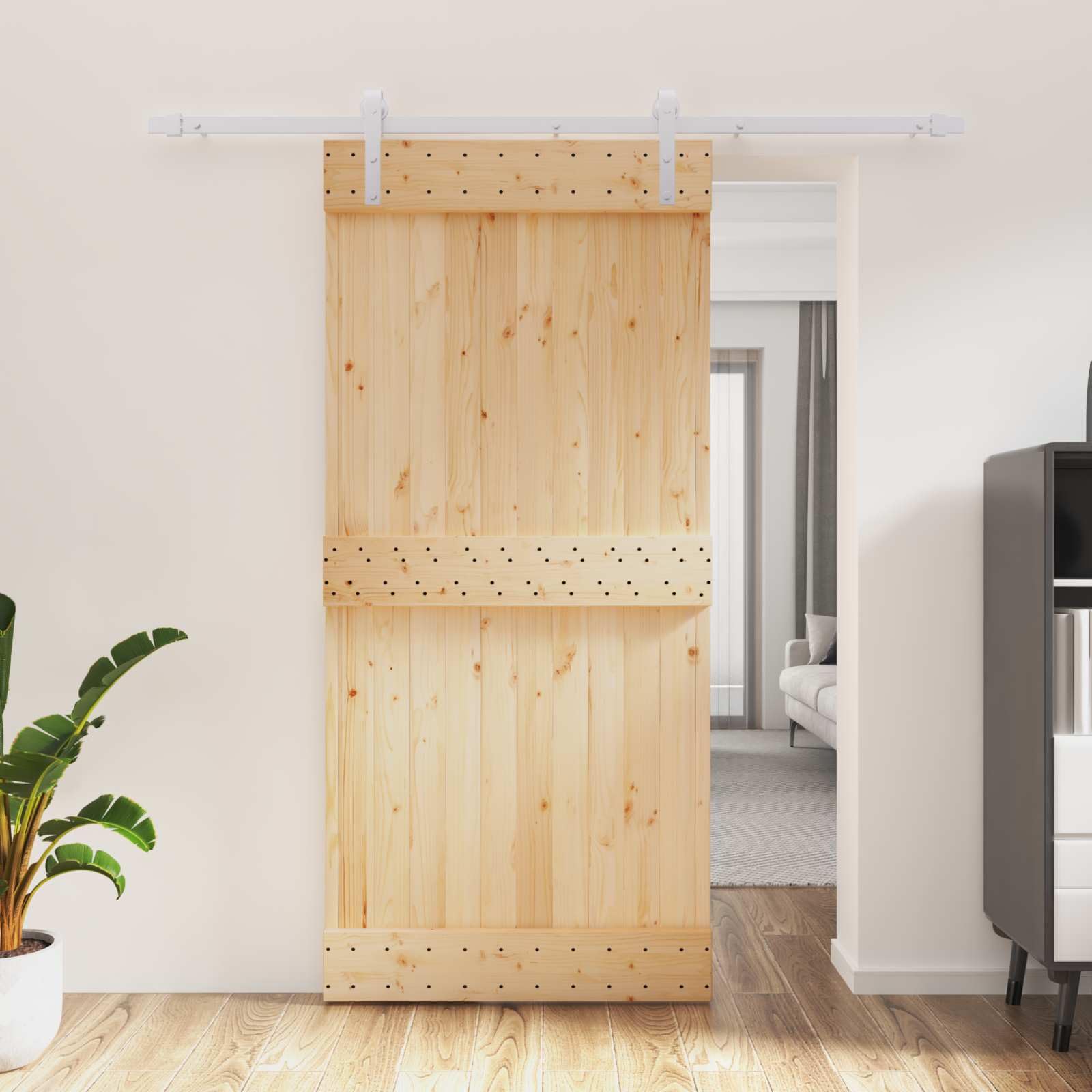 Puerta corredera de madera de pino macizo, natural y blanco, 95 x 210 cm
