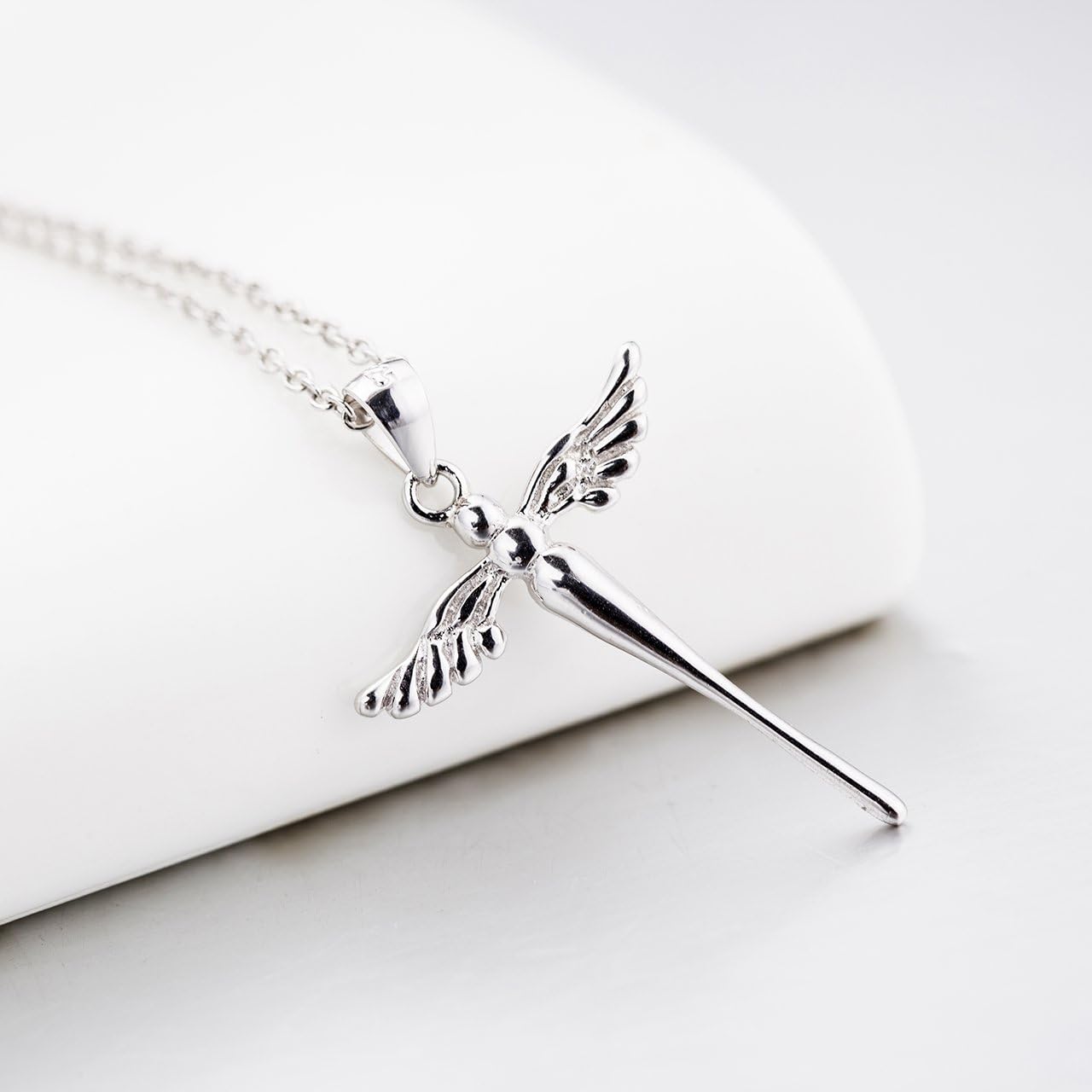 Ladytree 925 Sterling Silver Cross with Angel Wing Charm Pendant Rolo Chain Necklace, 18"