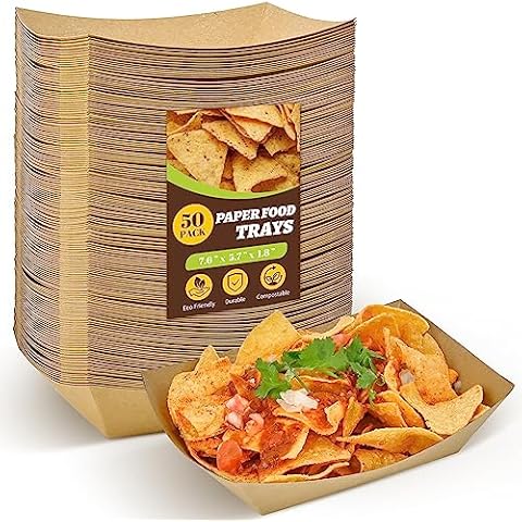 Ocmoiy 3lb Kraft Paper Food Trays, 50 Pack Heavy Duty Food Boats Disposable Food Serving Tray Food Holder Trays for Nachos, Tacos, Fries, Hot Dog, Corn, BBQ, Festivals, Party Cover
