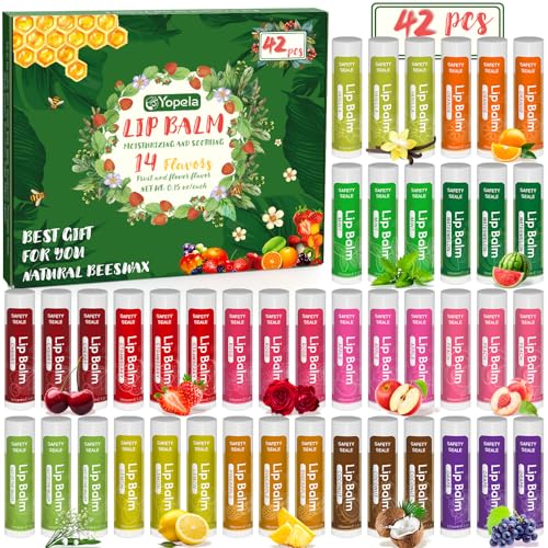 Yopela 42 Pack Natural Lip Balm Bulk with Vitamin E and Coconut Oil - Moisturizing Soothing and Repairing Dry and Chapped Lips Valentines Gift - 14 Flavors - Non-GMO