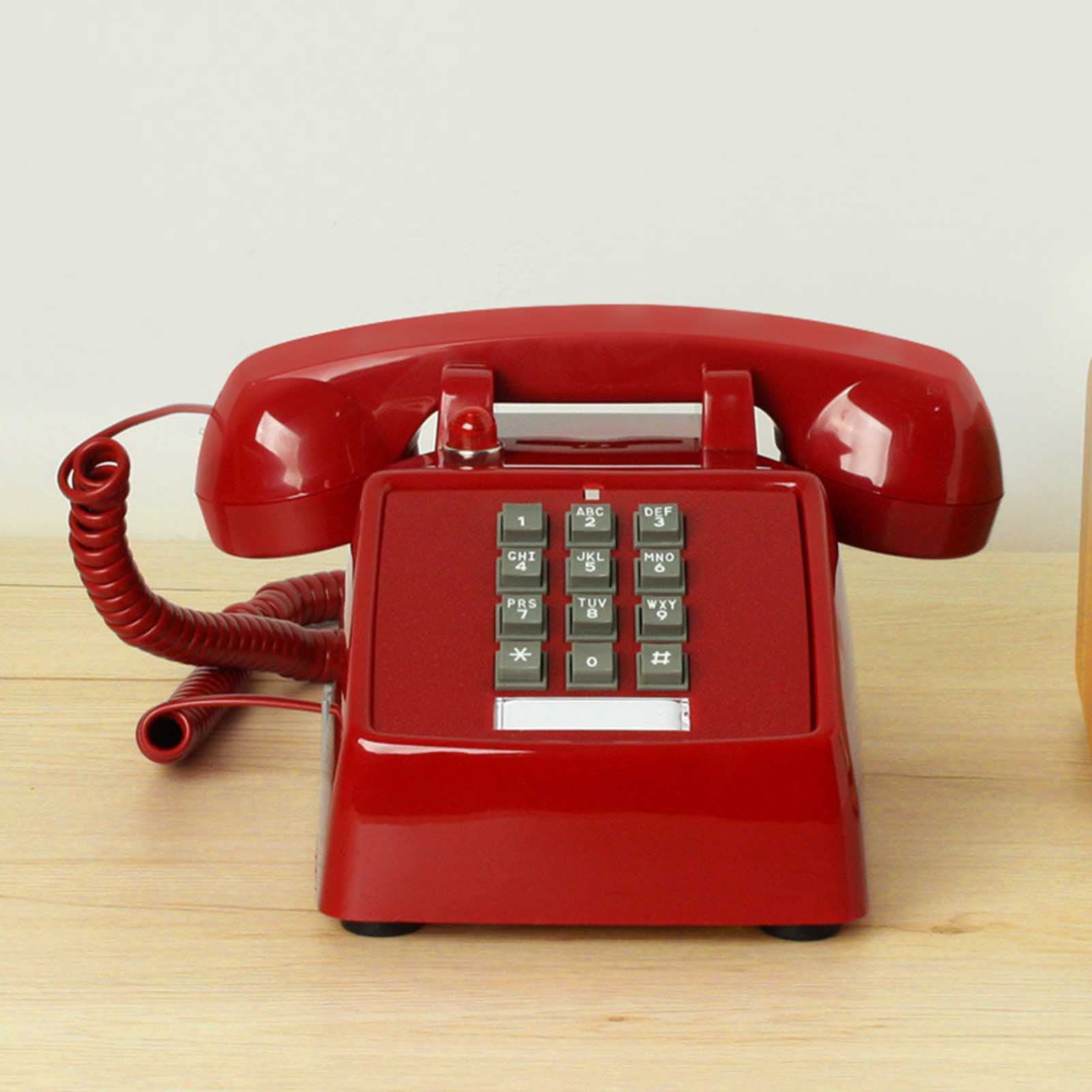 Telefon stacjonarny retro z przyciskami, zabytkowy telefon stacjonarny do domu i biura, telefony retro z oryginalnym dzwonkiem i kręconym kablem, czarny (czerwony b)